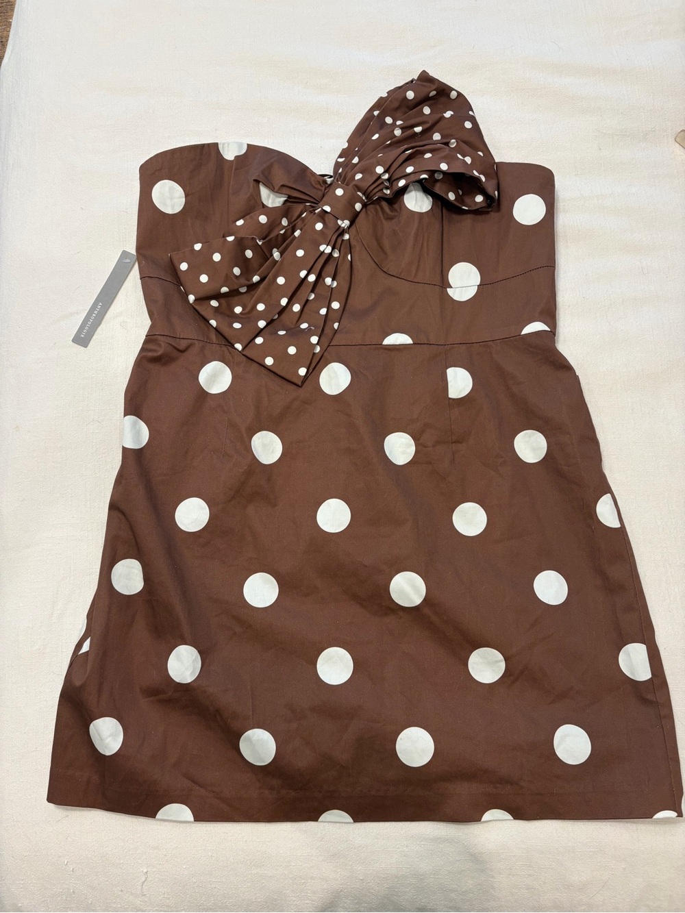 Hutch Strapless Brown Dress with White Polka Dots and Bow